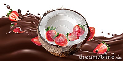 Fresh coconut with strawberries on a chocolate wave. Vector Illustration