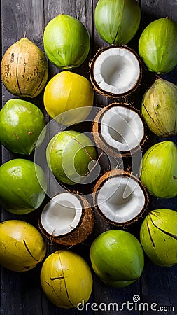 Fresh coconuts arranged tastefully on a wooden backdrop Stock Photo