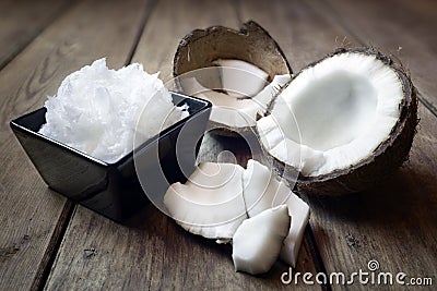 Fresh coconuts and coconut oil Stock Photo