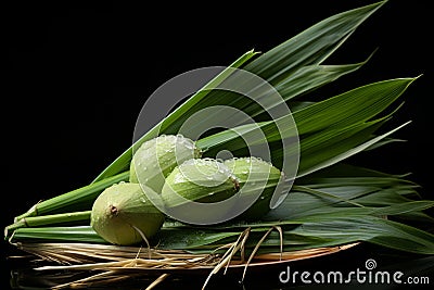 fresh coconuts on a plate with water on a black background Stock Photo