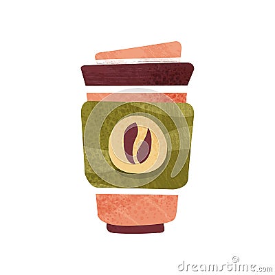 Fresh coffee in big plastic cup with lid. Hot beverage. Tasty drink. Flat vector design with texture Vector Illustration