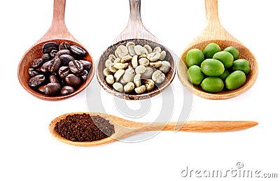 Fresh coffee, roasted coffee, Ground coffee, woden spoon on white b Stock Photo