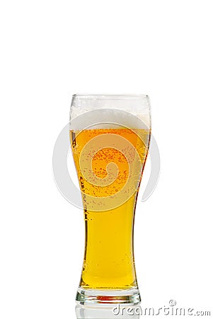 Fresh cold Beer glass isolated on white. gold beer bavaria oktoberfest with foam crown. pint of light lager beer on Stock Photo