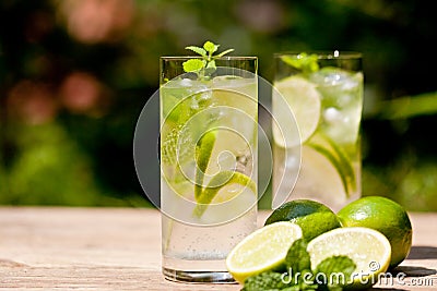 Fresh cold refreshment drink mineral water soda with lime and mint Stock Photo