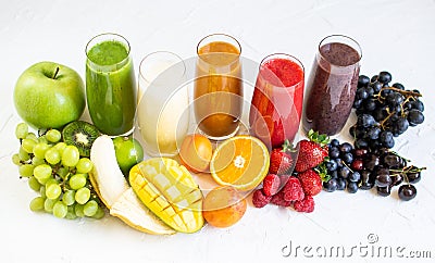 Fresh Color Juices Smoothie Green Yellow Red Orange Violet White Tropical Fruits Stock Photo