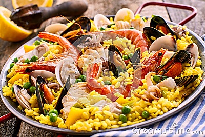Fresh and Colorful Spanish Seafood Paella Dish Stock Photo