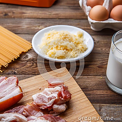 Fresh components for pasta carbonara Stock Photo