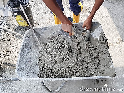 Preparation of lump test for fresh concrete Stock Photo