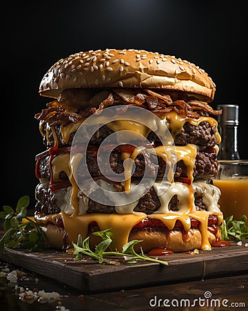 Stacked Cooked Delicious Giant Triple Cheeseburger with all the Fixings. Generative AI Stock Photo