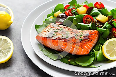 Fresh cooked delicious salmon steak with salad lemon potato Stock Photo