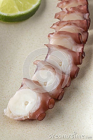 Fresh cooked octopus tentacle in slices Stock Photo