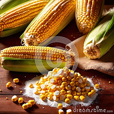 Fresh corn with corn meal and corn flour, processed cooking ingredients Stock Photo