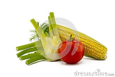 Fresh corncob, fennel and tomato over white Stock Photo