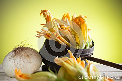 Fresh courgette flowers Stock Photo