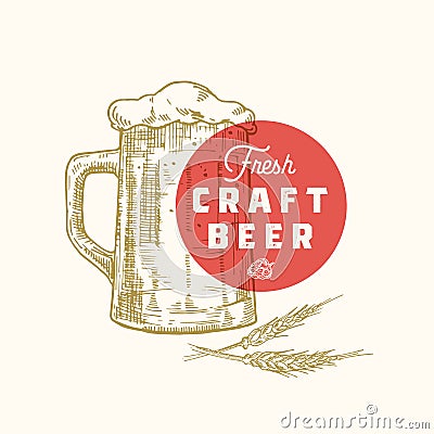 Fresh Craft Beer Abstract Vector Sign, Symbol or Logo Template. Hand Drawn Retro Beer Mug, Hops and Classic Typography Vector Illustration