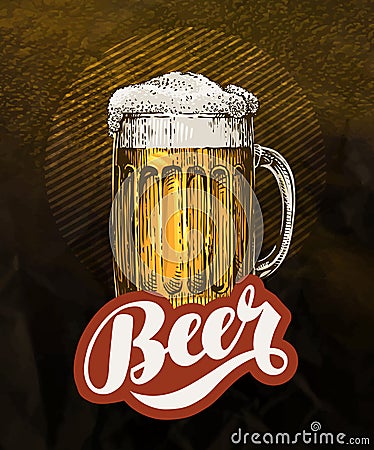 Fresh craft beer in glass mug. Vintage poster for cold ale. Vector illustration Vector Illustration