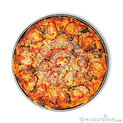 Fresh crispy pizza isolated on white background with shadow, top view. Studio shot. Use a clipping path for cut out object Stock Photo