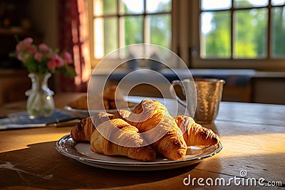 Fresh croissants with orange juice, delicious breakfast. Stock Photo