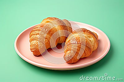 Fresh croissants on a pink plate on a green background Stock Photo