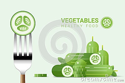 Fresh cucumber on fork with pile of cucumbers background , healthy food concept Vector Illustration