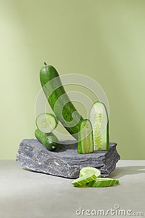Fresh cucumbers are artistically arranged on a stone slab on a white-light green background. Cucumbers are low in calories but Stock Photo