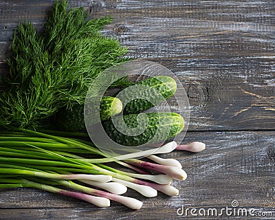 Fresh cucumbers, green onions and dill for salad on a wooden surface Stock Photo