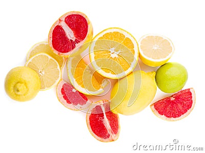 Fresh cut grapefruite lemon and orange on a white background Stock Photo