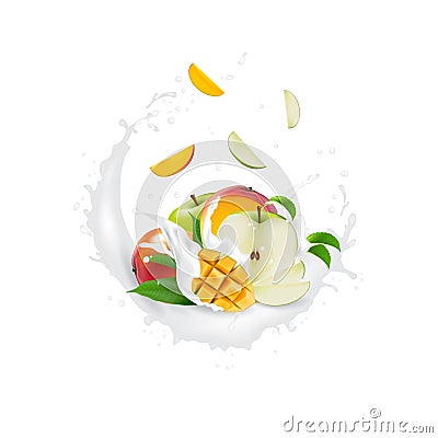 Fresh 3d realistic fruit slices with juice milk yogurt splash drops isolated on a white background. Packaging template. Realistic Vector Illustration