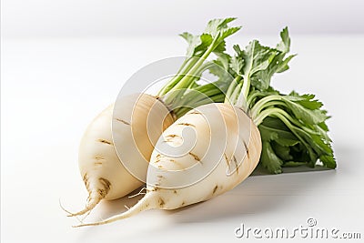 Fresh daikon radish on clean white backdrop for captivating ads and packaging designs Stock Photo