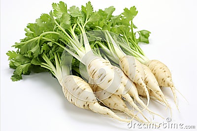 Fresh daikon radish on clean white backdrop for captivating ads and packaging designs. Stock Photo