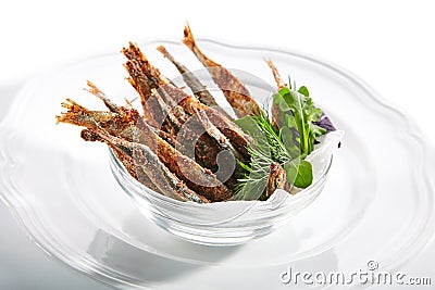 Fresh Deep Fried Sea Fish, Small Sardines or Roasted Rainbow Smelt Stock Photo