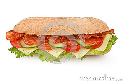 Fresh deli-style salami sandwich isolated on white Stock Photo
