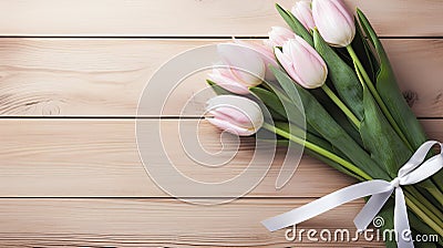 fresh delicate pink tulips with a ribbon on a light, wooden background. Congratulations on Valentine's Day, Stock Photo