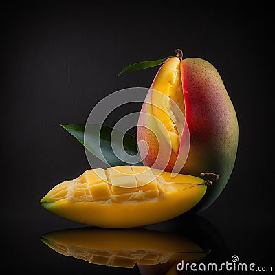 Fresh delicious appetizing sweet bright mango fruit and mango slice, isolated on black Stock Photo