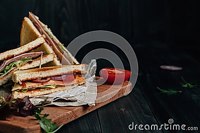 Fresh delicious club sandwich on the wooden dark table with copy space Stock Photo