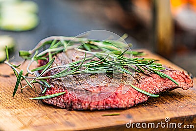 Fresh, delicious grilled meat. Grilling steak on BBQ Stock Photo