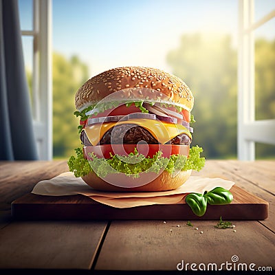 A fresh delicious looking hamburger on a cutting board in front of an open window. Created with Generative AI Stock Photo