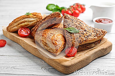 Fresh delicious puff pastry served on white table Stock Photo