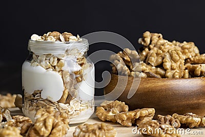 Fresh delicious yogurt made from milk with walnuts Stock Photo