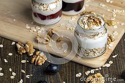 Fresh delicious yogurt made from milk with walnuts Stock Photo