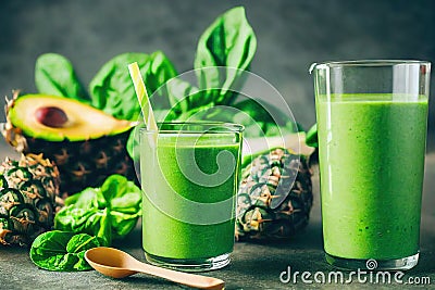 Fresh detox juice from vitamin green vegetables and fruits Stock Photo