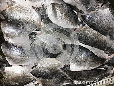 Fresh Dorade Sea Bream fish fillets with ice on market, Close-up picture, background. Stock Photo