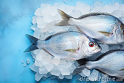 Fresh Dorado or Sea Bream on Ice Cubes on Blue Concrete Background AI Generated Cartoon Illustration