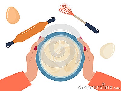 Fresh dough in a bowl on a white background. Women's hands hold a bowl of dough, eggs, a whisk and a spatula lie Vector Illustration