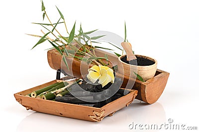 Fresh and dried bamboo and Bamboo charcoal powder. Stock Photo