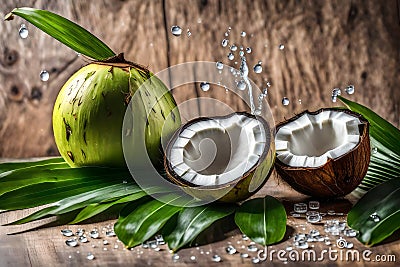 Fresh and dried coconut on green leaves Stock Photo
