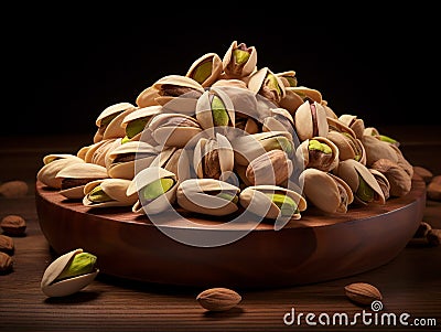 Fresh dried pistachios in a hard shell with green nuts on black background Stock Photo