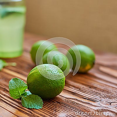 Fresh drink photo of home made limonade on wooden background Stock Photo