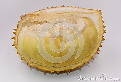 Fresh durian sarcocarp with shells on white background Stock Photo