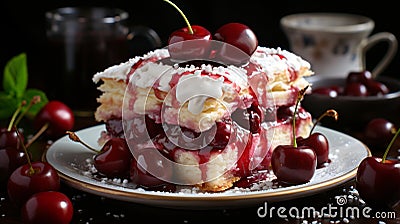 fresh dutch cherry cake with layers of puff pastry Stock Photo